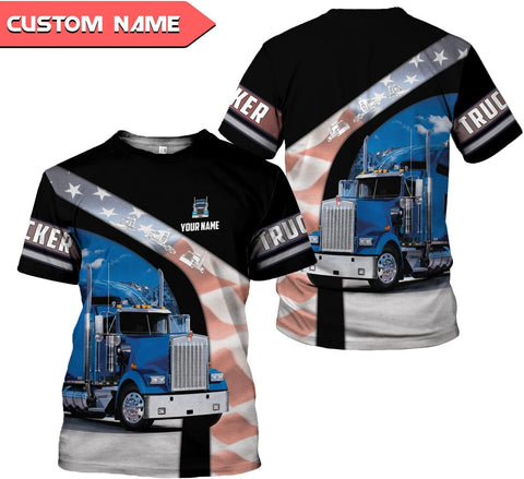 Personalized Trucker Shirt Custom US Flag Truck Driver T-Shirt Funny Trucker Gift 3D Hoodie for Men & Women Trucking Diesel