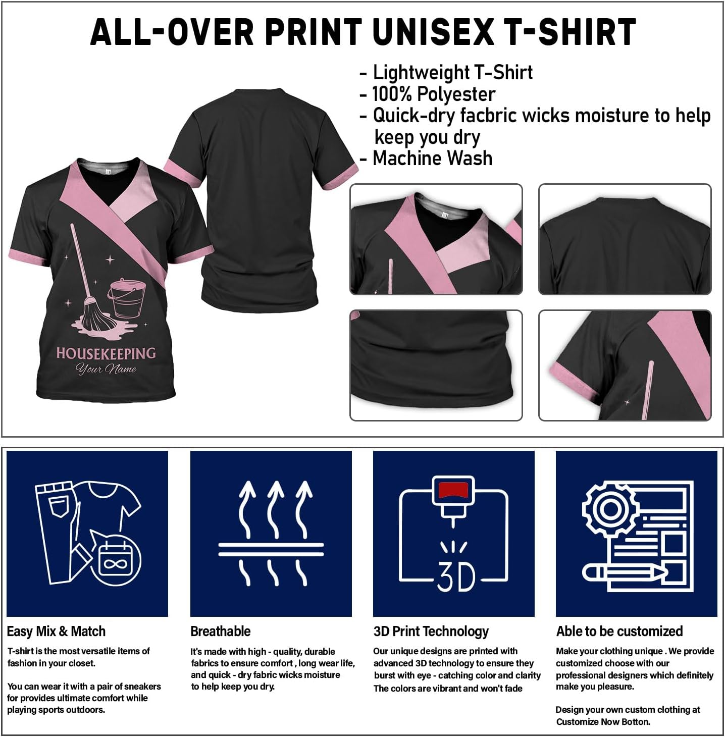 Personalized Housekeeping Shirts, Custom Cleaning Uniforms for Women 3D Cleaning Service Gifts Housekeeper Shirt Clean Lady