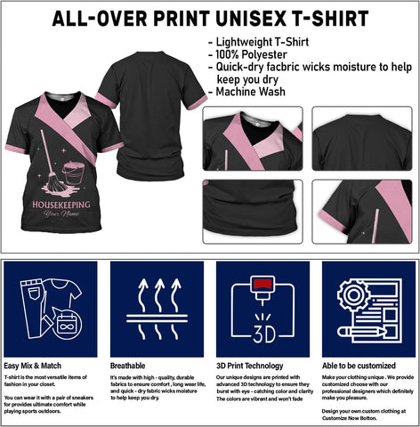 Personalized Housekeeping Shirts, Custom Cleaning Uniforms for Women 3D Cleaning Service Gifts Housekeeper Shirt Clean Lady