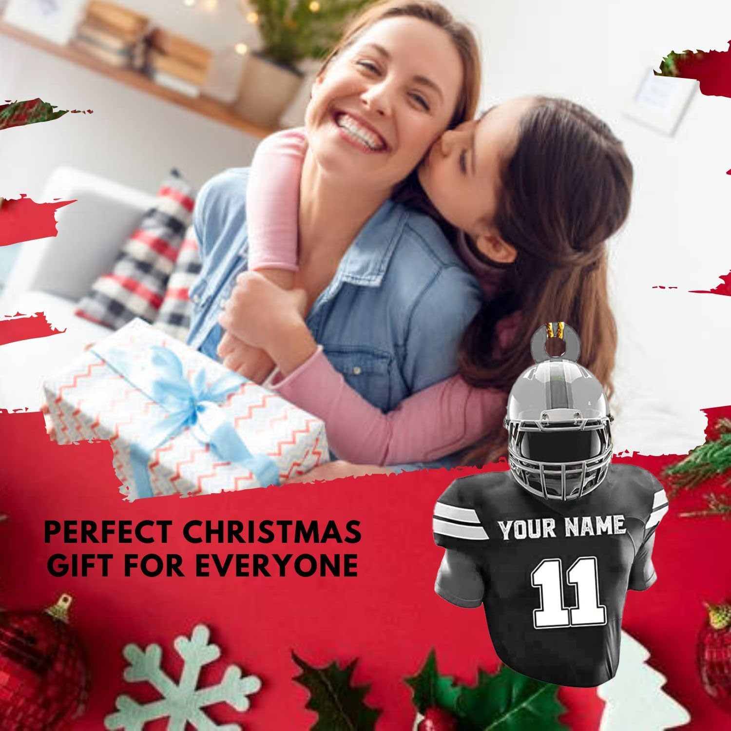 MoonArt Personalized Name Football Ornaments 2023, Customized Football Christmas Ornaments Wood Ornament Christmas Tree Hanging Ornament Pine Tree Decorations for Kid Couple Friends Family, Red (FB3)