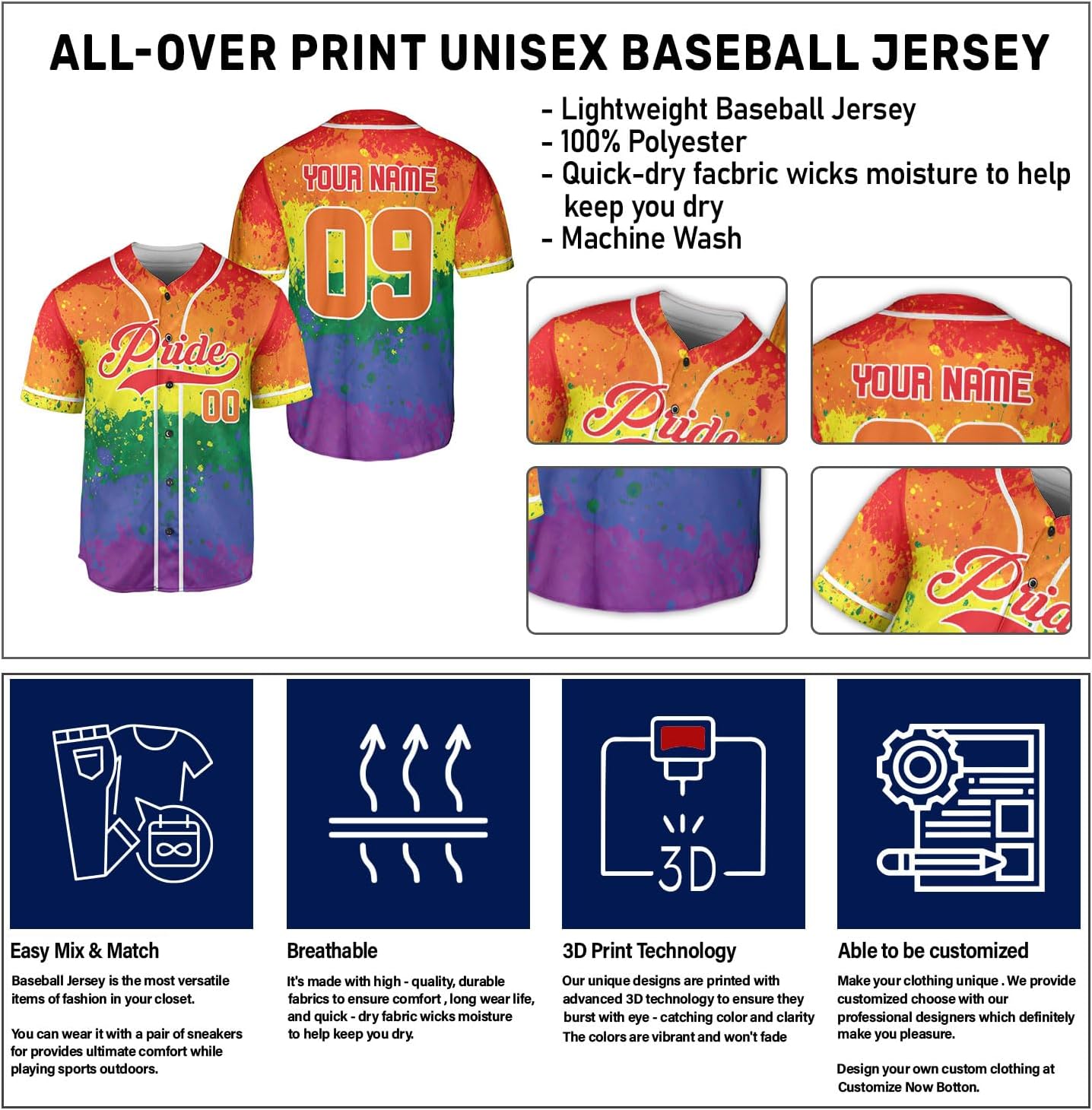 AOVL LGBT Pride Baseball Jersey Custom Rainbow Custom Shirt Month Love is Love Equality Gay Clothing Flag Jersey Team Name