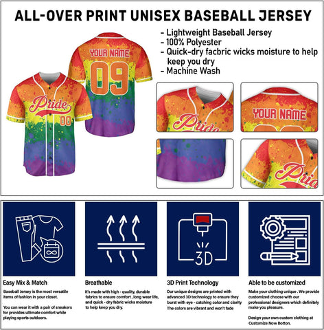 AOVL LGBT Pride Baseball Jersey Custom Rainbow Custom Shirt Month Love is Love Equality Gay Clothing Flag Jersey Team Name