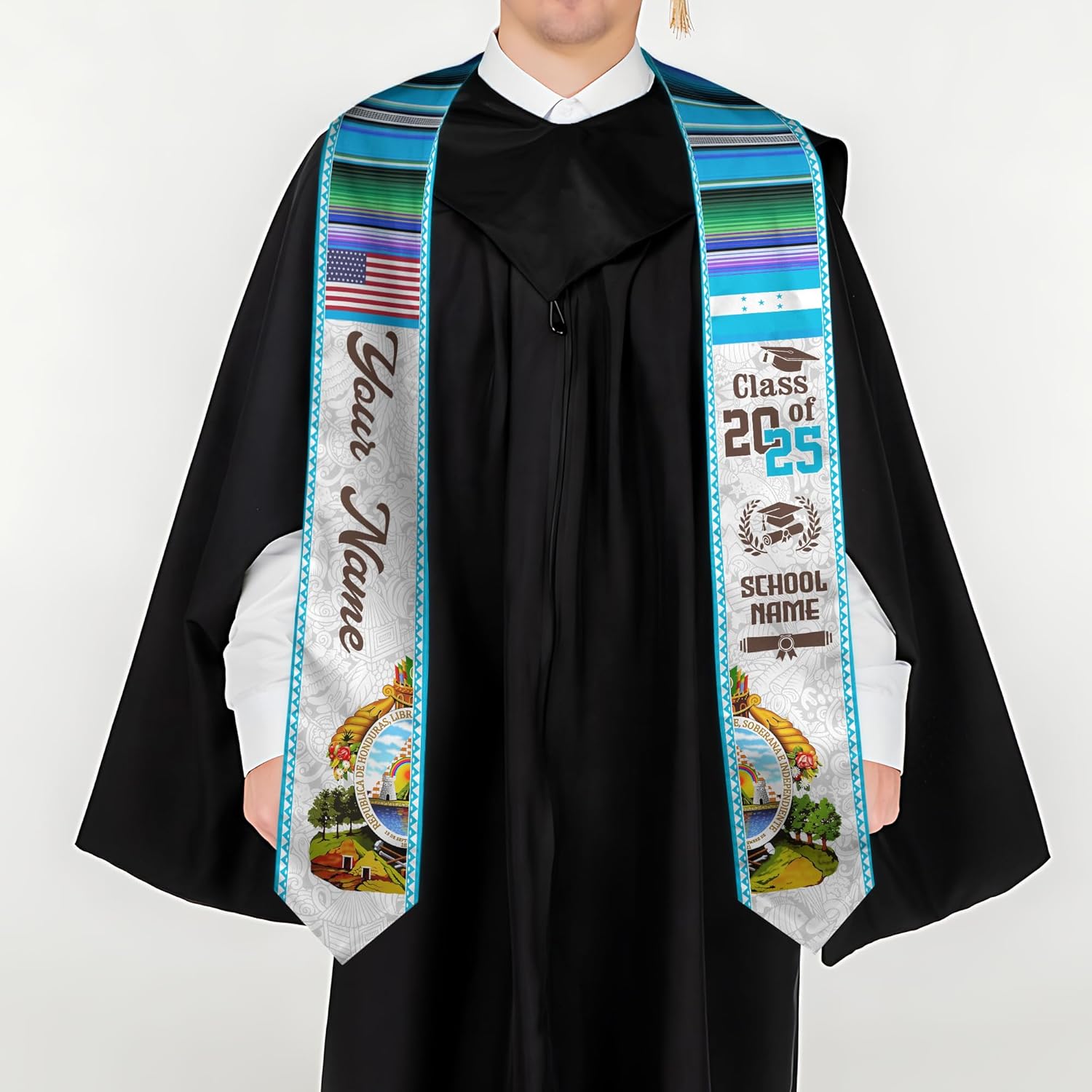 Pretyprints Honduran Graduation Sash, Custom Honduran American Flag Graduation Sash 2025, Honduras Graduation Stole