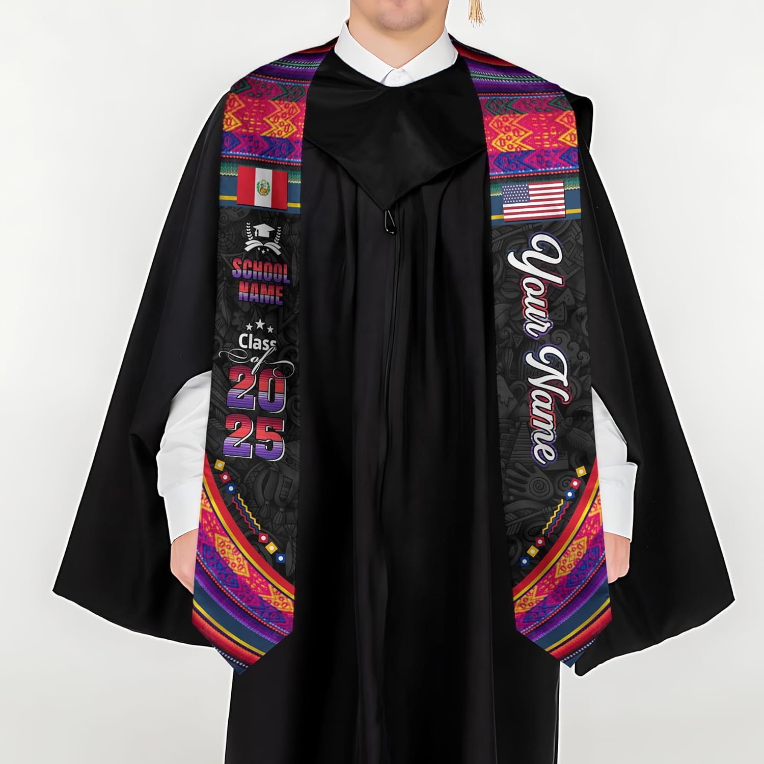 Pretyprints Peruvians Graduation Sash, Peru Graduation Stole Custom Personalized Peruvians American Flag Graduation Sash 2025