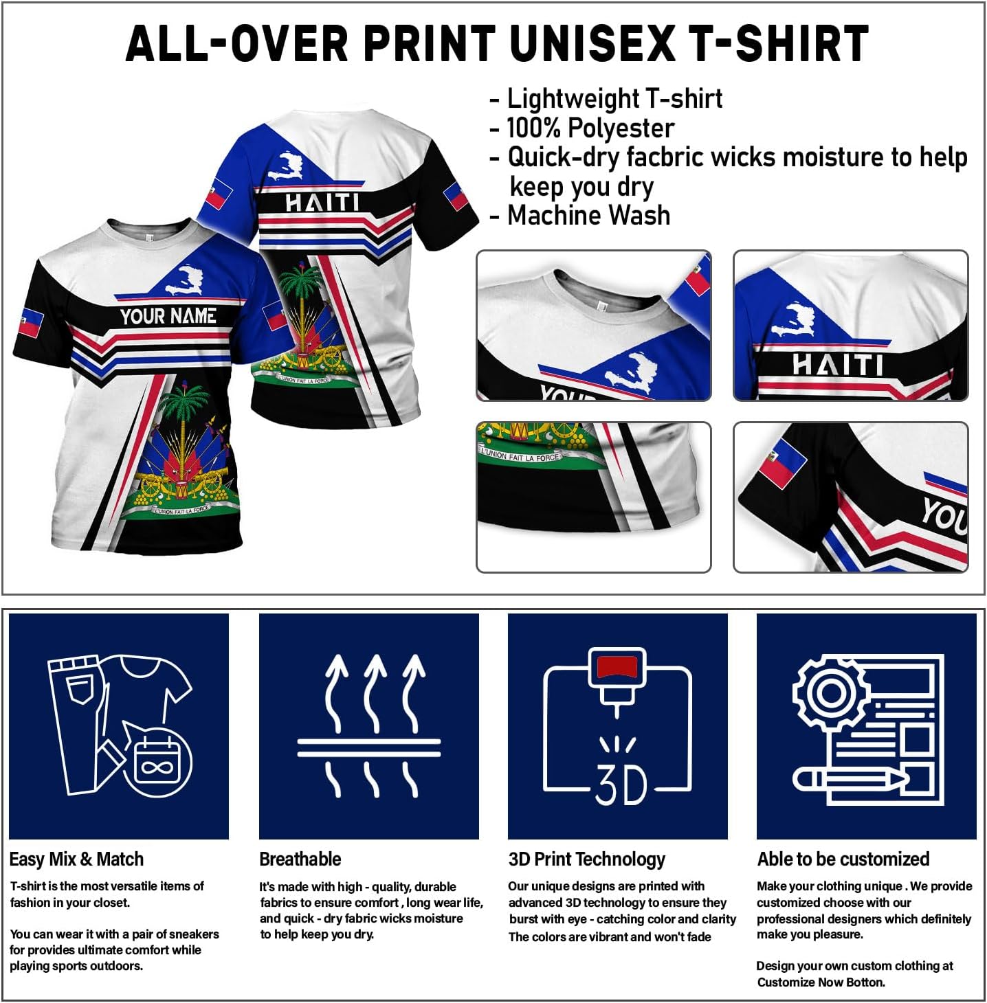 Vybonz Personalized Haiti Pride Flag Shirt, Haitian Sweatshirt 3D for Men & Women Haitian Pride Coat of Arms Hoodie