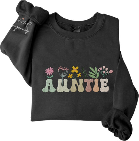 Personalized Embroidered Auntie Sweatshirt & Hoodie, Funtie Auntie Sweatshirt For Women Custom Kids Name On Sleeve (Cotton, AT 10), Small-5X-Large
