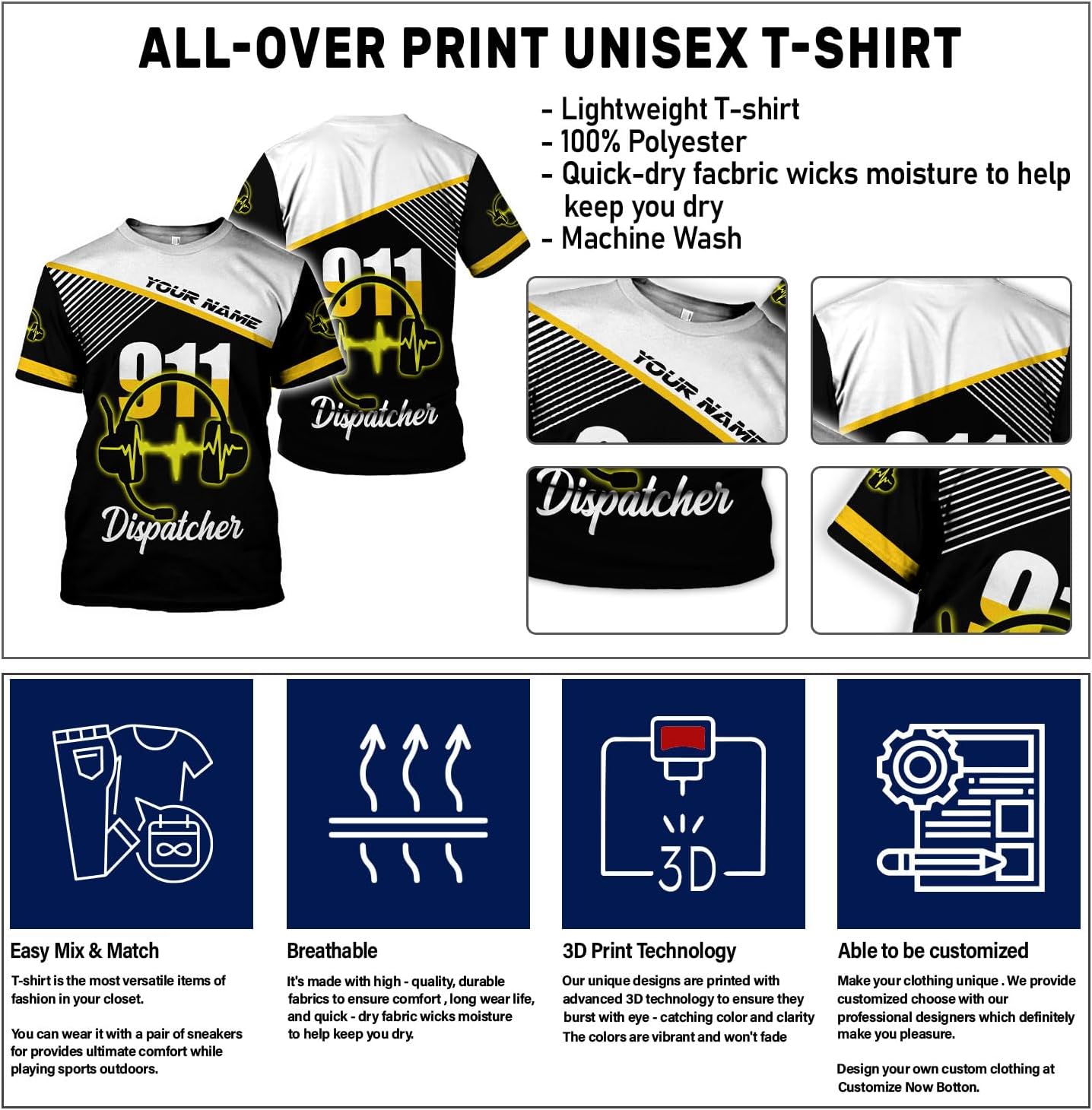 Personalized Name Dispatcher Thin Yellow Line US Flag Dispatcher T-Shirt, Custom Name Dispatcher T Shirts for Men and Women