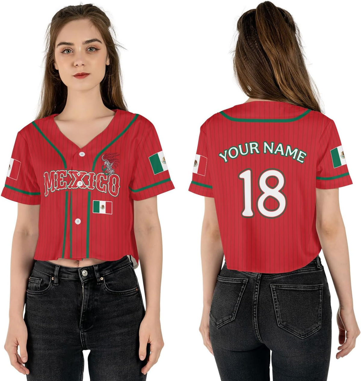 Mostprints Personalized Name Number Mexico Baseball Jersey Croptop Shirt, Mexican Shirts for Women, Mexico Shirts for Women