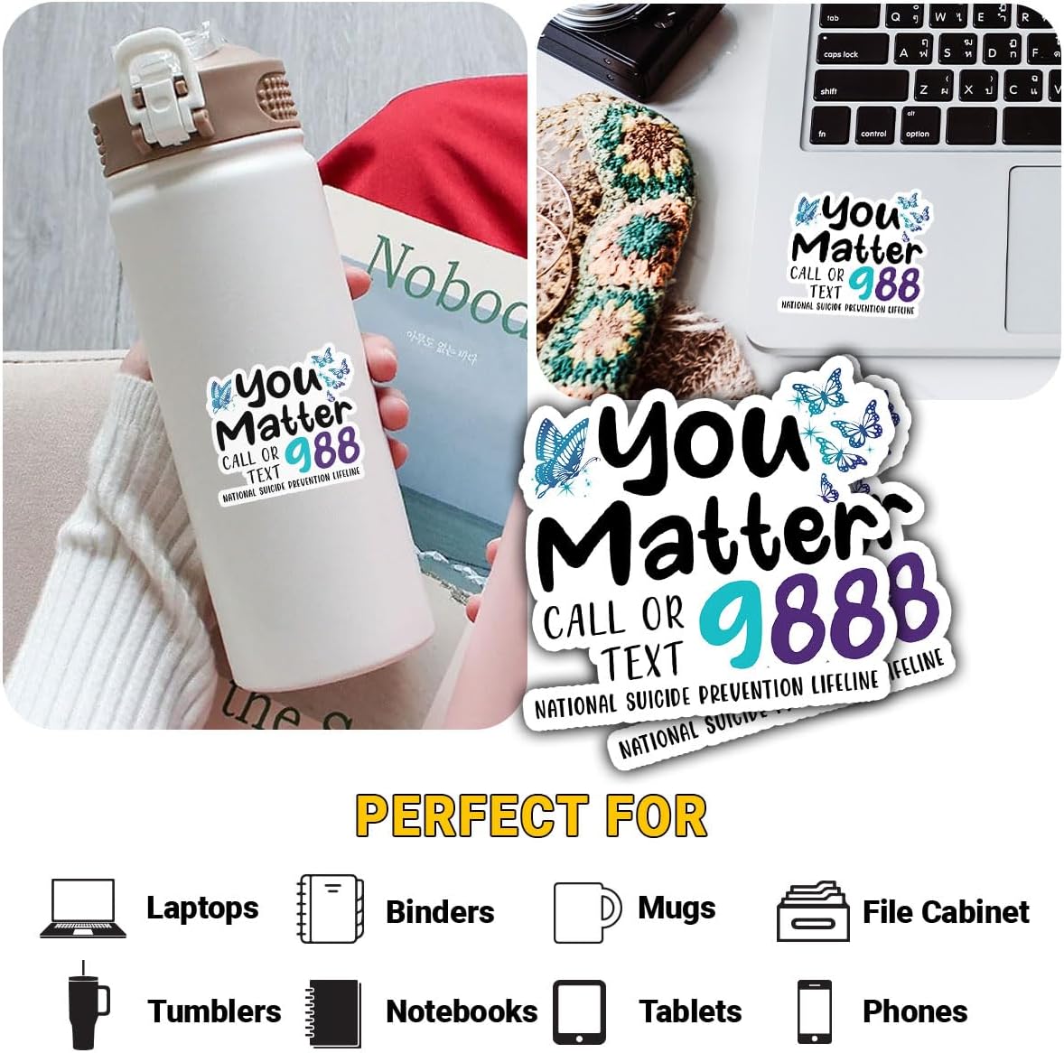 3 Pcs You Matter 988 Suicide Prevention Awareness Stickers; Teal Purple Ribbon Waterproof Vinyl Decals Decor; Mental Health Awareness Gift Decoration for Water Bottle Tumbler Phone Case Laptop 3"x3"