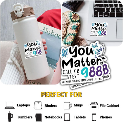 3 Pcs You Matter 988 Suicide Prevention Awareness Stickers; Teal Purple Ribbon Waterproof Vinyl Decals Decor; Mental Health Awareness Gift Decoration for Water Bottle Tumbler Phone Case Laptop 3"x3"