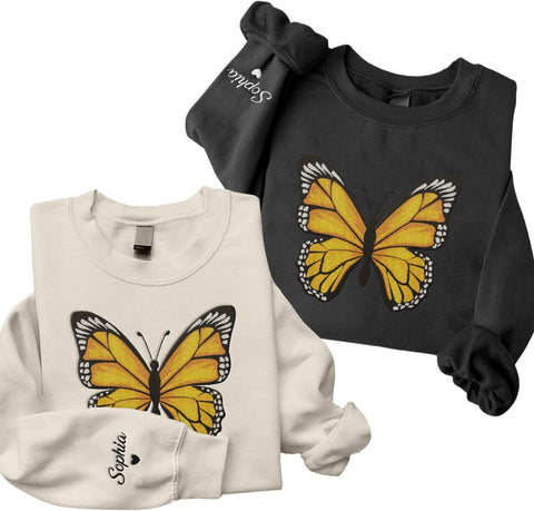 Podagree Personalized Butterfly Embroidered Sweatshirt, Custom Pink Butterfly Hoodie Name FLower Graphic