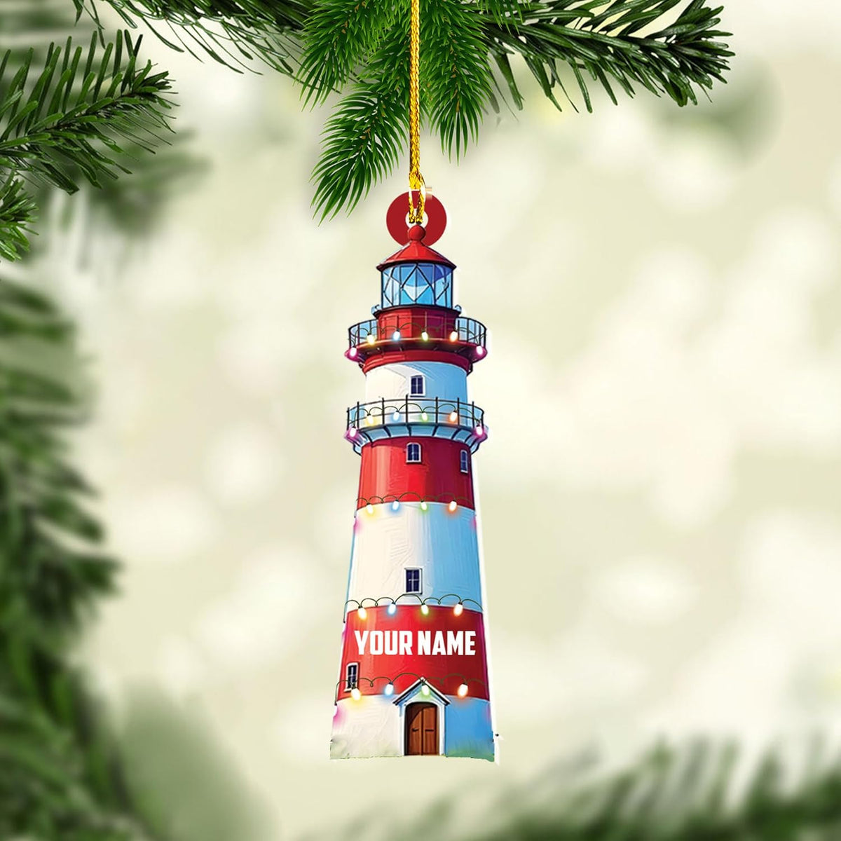 MAPrints Personalized Lighthouse Ornaments for Christmas Tree, Lighthouse Wood Acrylic 2D Flat Ornament, Coastal Lighthouse Ornament, Ocean Themed Hanging Ornaments, Gift for Lighthouse Lovers (LH 2)