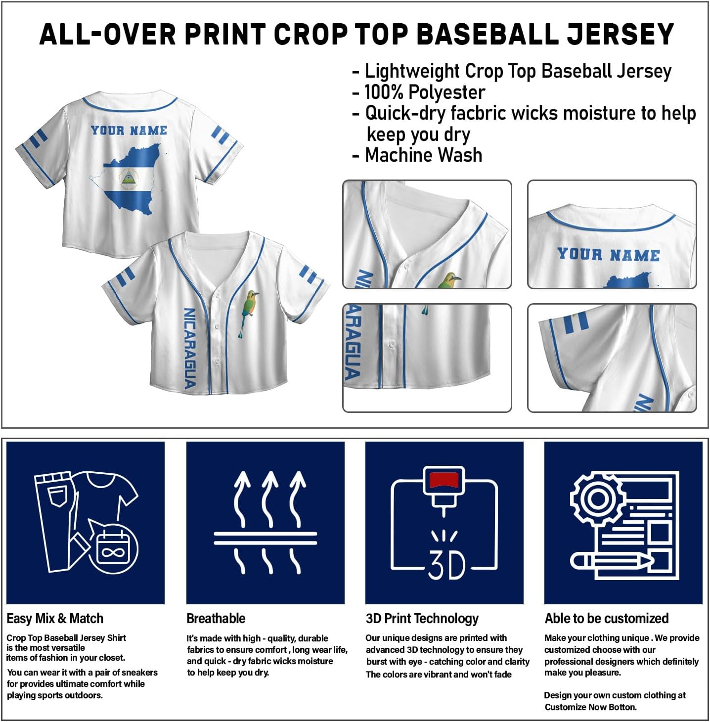 Personalized Nicaragua Baseball Croptop Shirt, Nicaraguan Flag Jersey for Women Jersey Pride