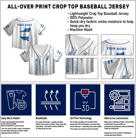 Personalized Nicaragua Baseball Croptop Shirt, Nicaraguan Flag Jersey for Women Jersey Pride