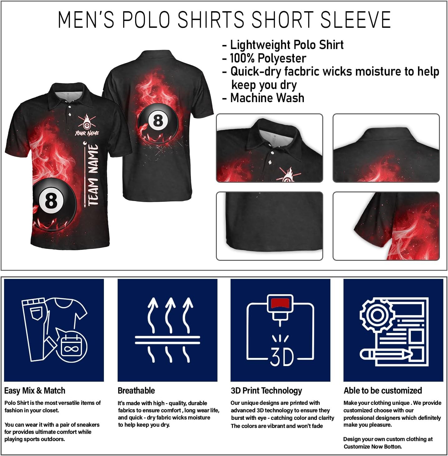 Personalized 8 Ball Polo Shirt, Billiard Shirt Custom Billiard Player 3D Print Shirts for Men Women Teams Pool (Polyester, PL173), Small-5X-Large