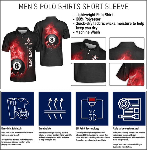 Personalized 8 Ball Polo Shirt, Billiard Shirt Custom Billiard Player 3D Print Shirts for Men Women Teams Pool (Polyester, PL173), Small-5X-Large