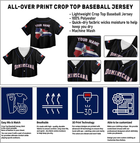 AOVL Custom Dominica Republic Crop Top Baseball Jersey Dominicana Republic Shirt for Team Dominican Flag Jersey for Men Women