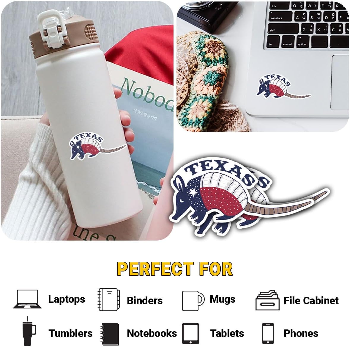 (3Pcs) Cute Armadillo Texas Sticker, Lone Star Texas Flag Decal, El Paso Houston Dallas San Antonio TX for Cars Trucks Vans Bumper Windows Waterbottles Laptops 3"x3"