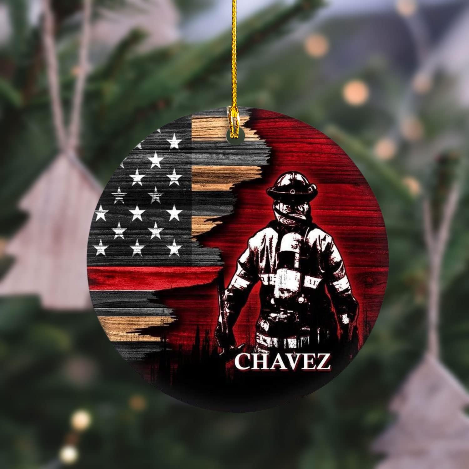 Personalized Firefighter Ornament Custom Name Firefighter Ornaments Two Sided Hanging Printed Flat Thin Red Line Ornaments Hanging Christmas Decorations Firefighter Gifts Ornament (Style 5)