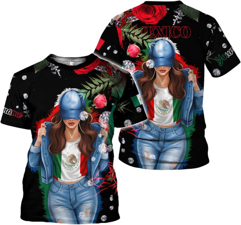 Mostprints Personalized Mexico Shirts for Women, Custom Name Mexican Shirts for Women, Mexico Shirt Flag Women Full Size New