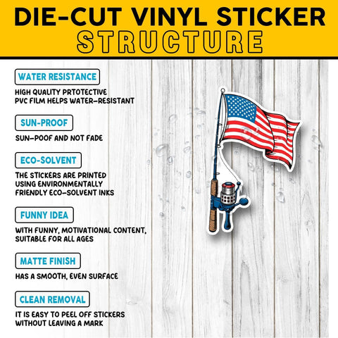 (3PCS) American Flag Fishing Rod Sticker, Patriotic Fishing Sticker for Laptop, Water Bottle, Car, Phone Case, Hard Hat Gift for Anglers & Fishermen 3 Inch