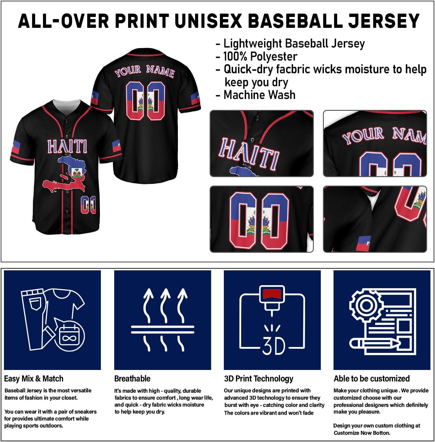 Ligthuy Personalized Name Haiti Baseball Jersey, Customized Haitian Baseball Jerseys for Men Women Haitian Flag Shirt 3D
