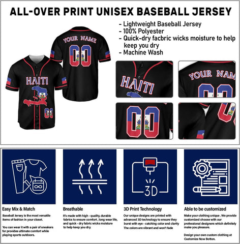 Ligthuy Personalized Name Haiti Baseball Jersey, Customized Haitian Baseball Jerseys for Men Women Haitian Flag Shirt 3D