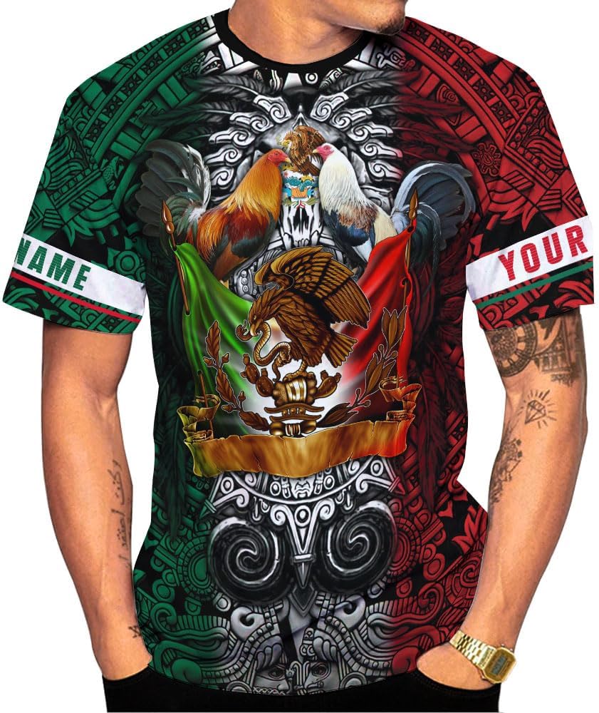 Woseprints Personalized Name Mexican Shirts for Men, Rooster Mexico Shirts for Men, Mexico Shirt Eagle Flag Mexican Eagle
