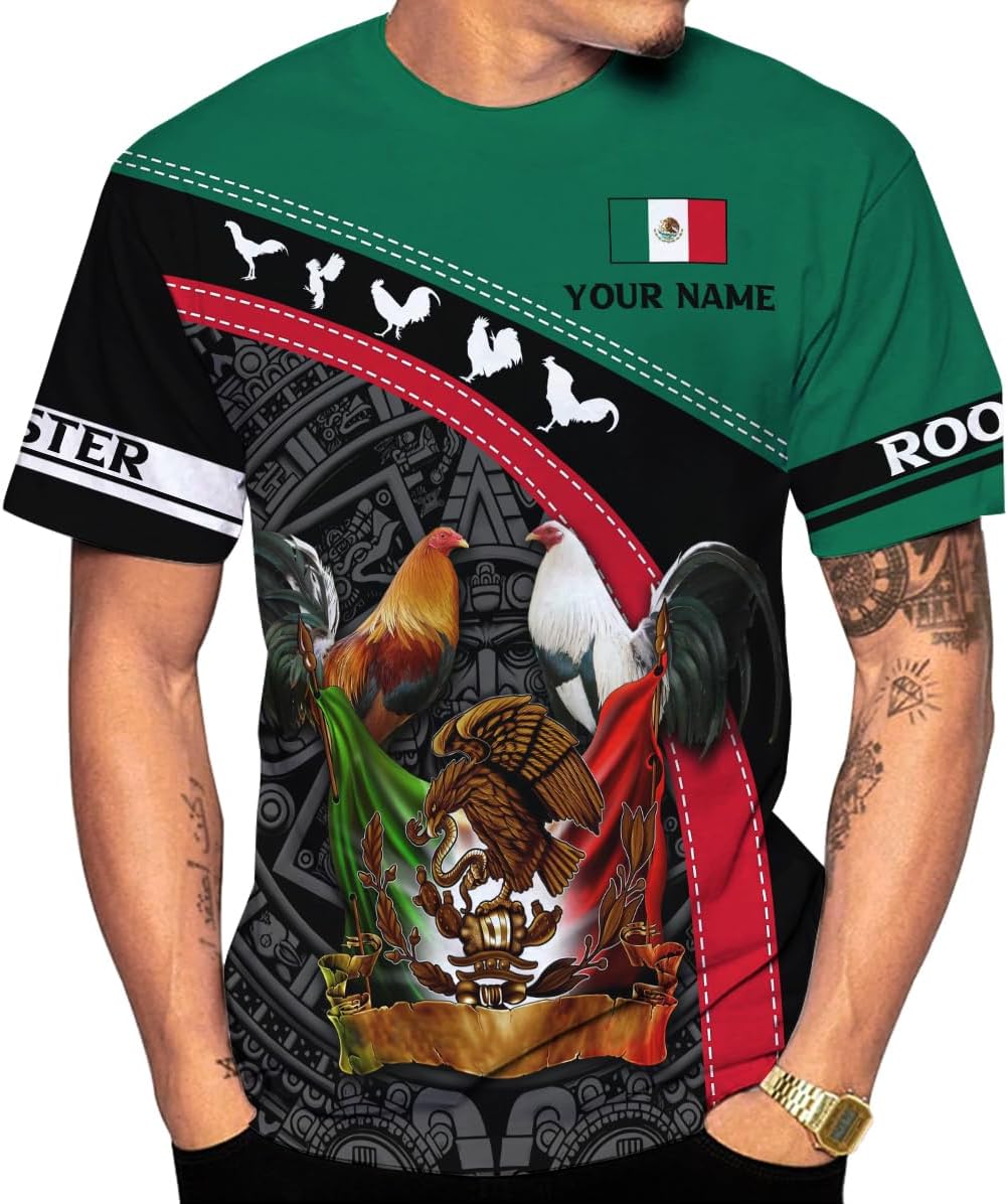 Mostefy Personalized Name Mexican Shirts for Men 3D, Rooster Mexico Shirts for Men, Mexico Shirt Eagle Flag Mexican Eagle New