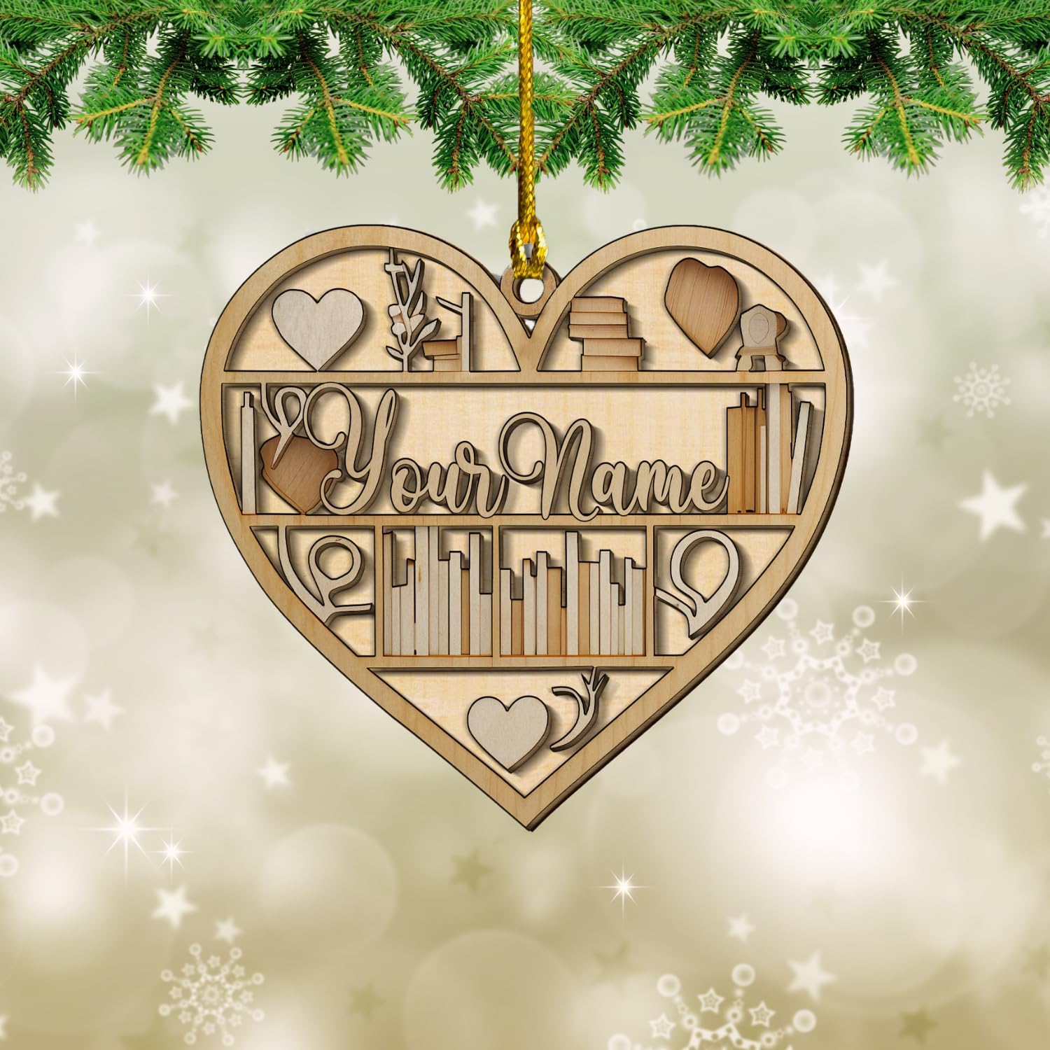 MAPrints Personalized Book Lovers Heart Ornament, Reading Book Xmas Ornament 2024, Bookshelf Wood Ornament Gift for Her Librarian 2D Flat Printed Wood Book Lovers Ornament (Book 3)