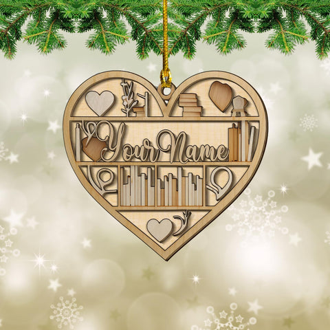 MAPrints Personalized Book Lovers Heart Ornament, Reading Book Xmas Ornament 2024, Bookshelf Wood Ornament Gift for Her Librarian 2D Flat Printed Wood Book Lovers Ornament (Book 3)