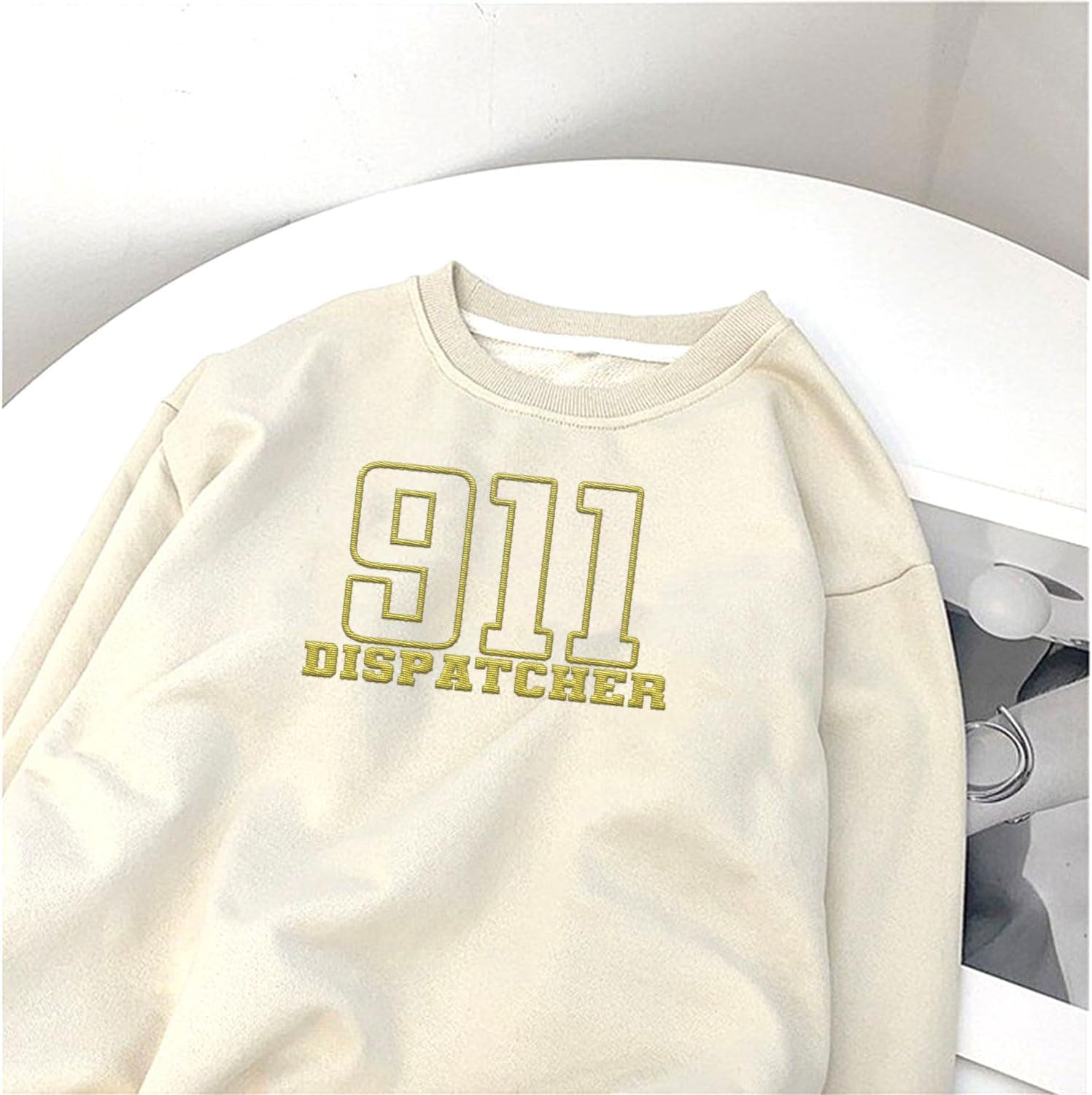 Custom Dispatcher Embroidered Sweatshirt with Thin Gold Line Flag 911 Emergency Services Personalized Shirt for Men and Women