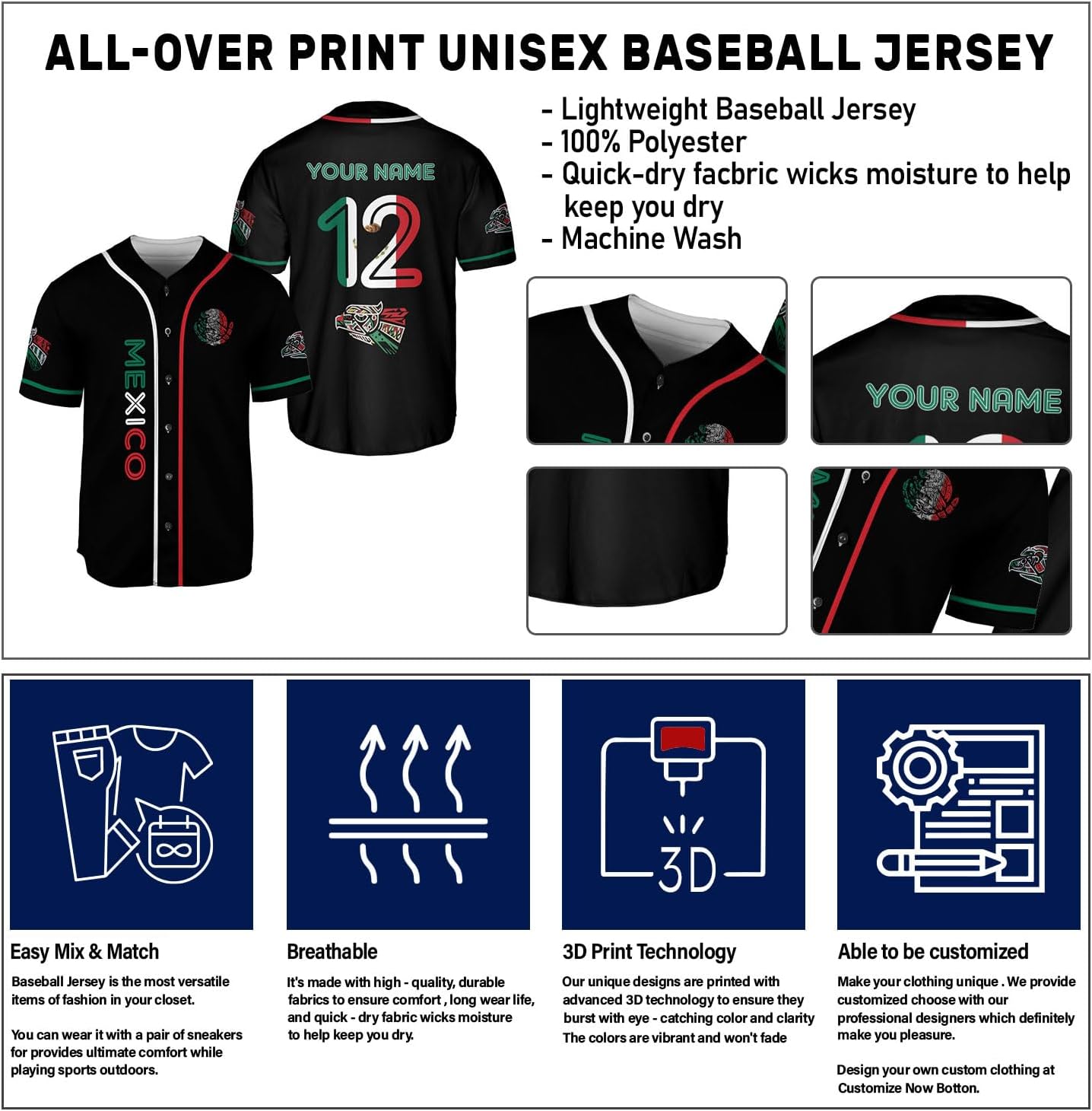 Mostefy Personalized Mexico Baseball Jerseys Mexican Eagle & Flag Shirt for Teams, Mexico Shirts for Men & Women Size S-5XL1