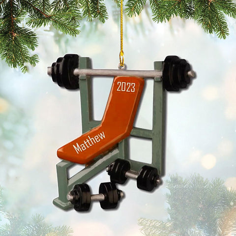 HomeDesign Personalized Dumbbell Ornament, Fitness Gift for Gym Workout Trainer Coach Instructor, Barbell Weight Plates Custom Ornament for Weightlifter, Weightlifting Ornament (D12)