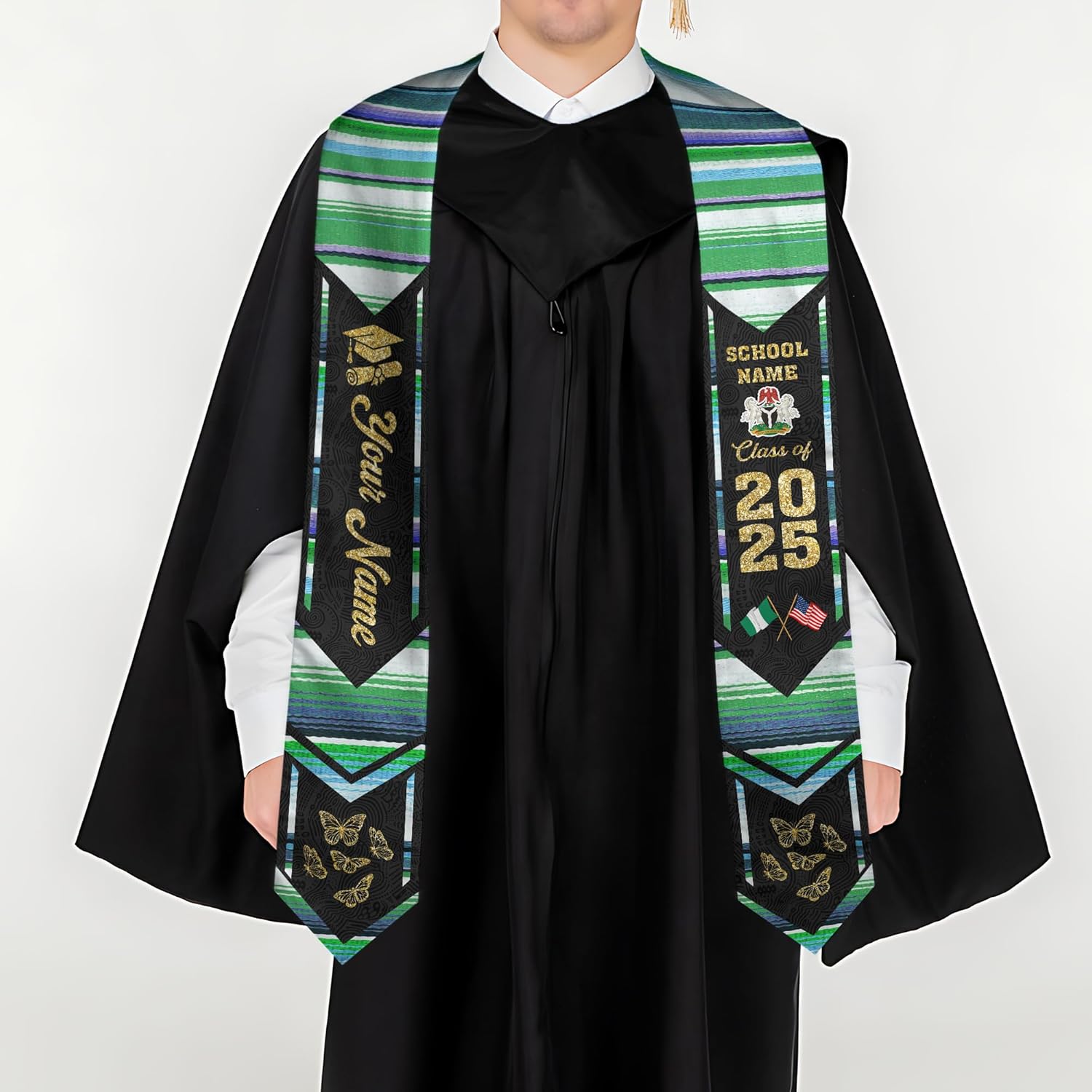 Pretyprints Custom Nigerian Graduation Sash, Nigeria Graduation Stole Customize, Nigerian American Flag Graduation Sash 2025