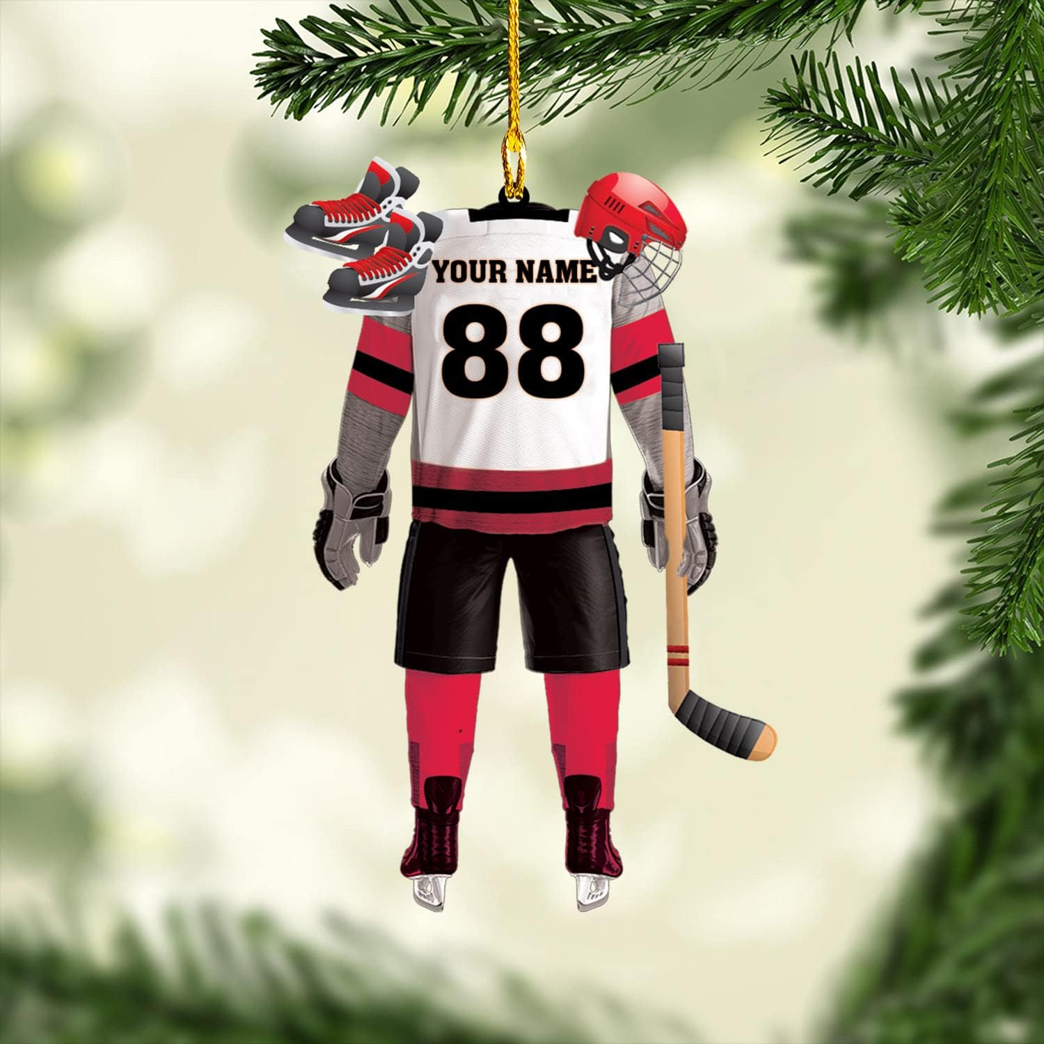 Personalized Hockey Ornaments for Xmas 2022, Hockey Ornament, Helmet and Gloves Wood Hockey Ornament, Hockey Christmas Ornament, Gift for Hockey Lovers, Christmas Pine Tree Hanging Decor Wood Ornament