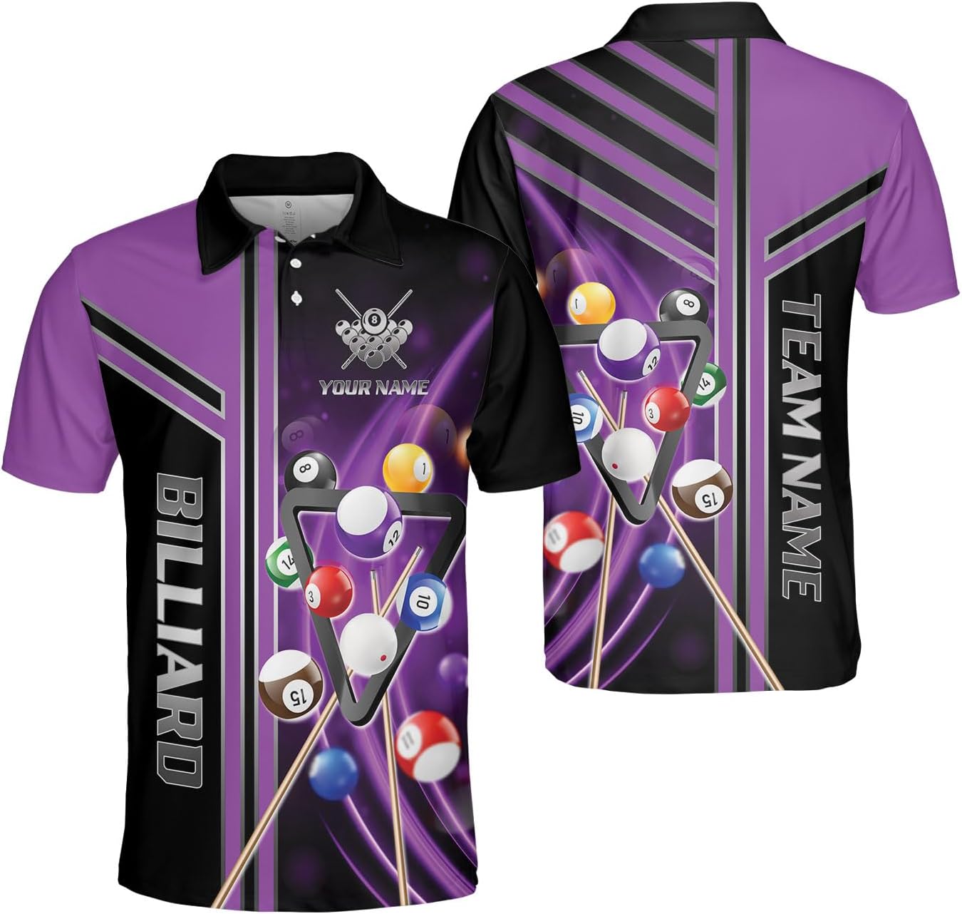 MoonArt Personalized Billiard Polo Shirts, Billiards Shirts for Men, Pool Shirts, 3D Billiards 8 Ball Pool, Billiard Team