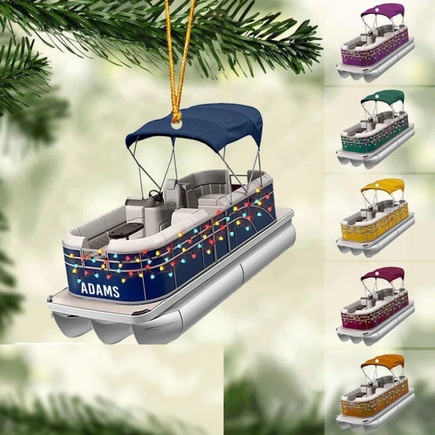 Pontoon Boat Ornament, Pontoon Christmas Ornament, Pontoon Boat Christmas Car Ornament, Pontoon Boat, Christmas Tree Ornament Hanging Decor, Custom Pontoon String Light Flat Ornament (Style 1)