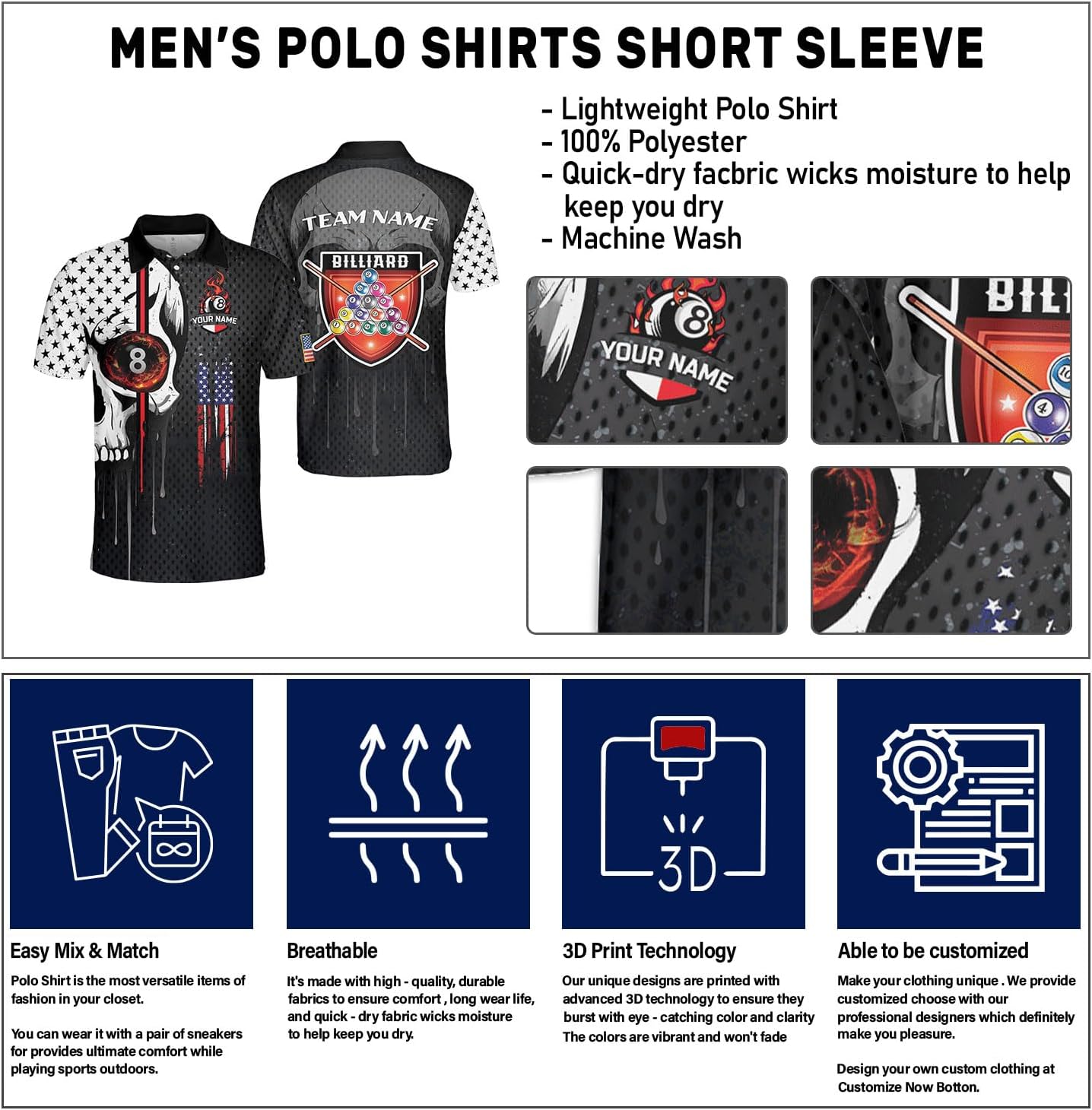 Customized Name Billiards Polo Shirts for Billiard Team, 8 Ball Pool 3D Shirt Gifts for Pool Players Men & Women