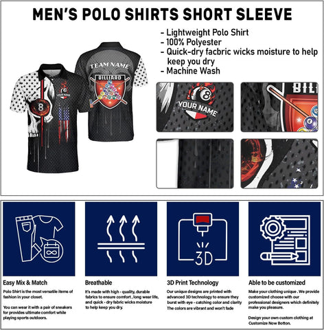 Customized Name Billiards Polo Shirts for Billiard Team, 8 Ball Pool 3D Shirt Gifts for Pool Players Men & Women