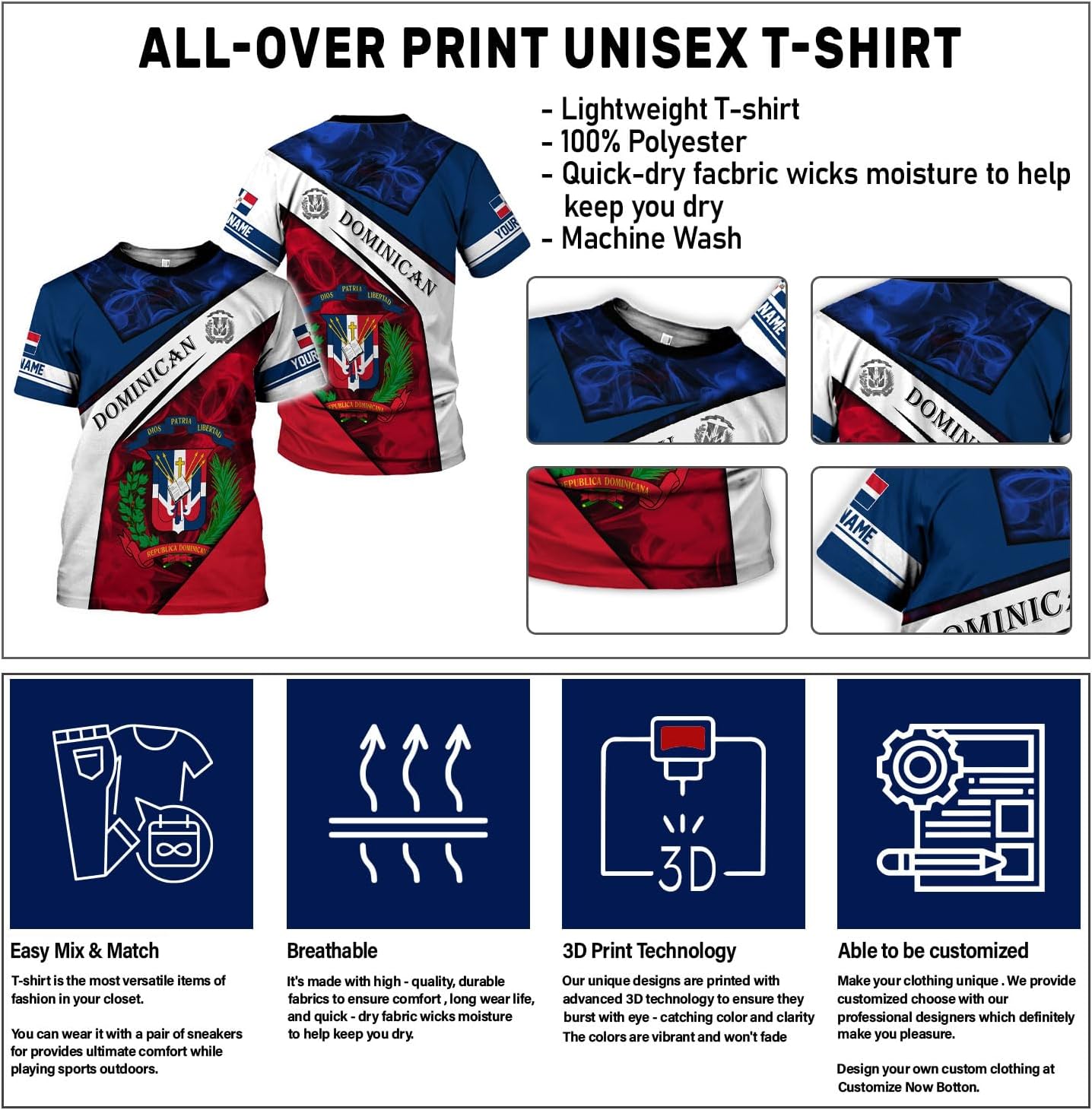 Custom Dominican Republic 3D Shirts for Men Dominicana Flag Shirts Dominican Flag Tshirt Dominican Independence Day