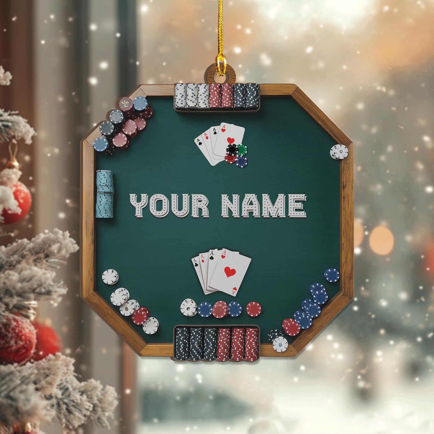 MAPrints Personalized Poker Christmas Ornament 2024, Poker Player Ornament, Sport Keepsake Present, Playing Cards Deck Wood Game Ornaments, Poker Aces Cards Chips Gambling Ornament (PK 1)