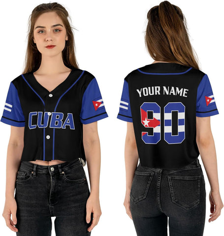 Women's Cuba Baseball Croptop Jersey, Black, 5X-Large, Short Sleeve, V-Neck, Solid, Crop Top, All Seasons, Button Closure, 0 Pockets, Premium Material Blend & High-Definition Prints