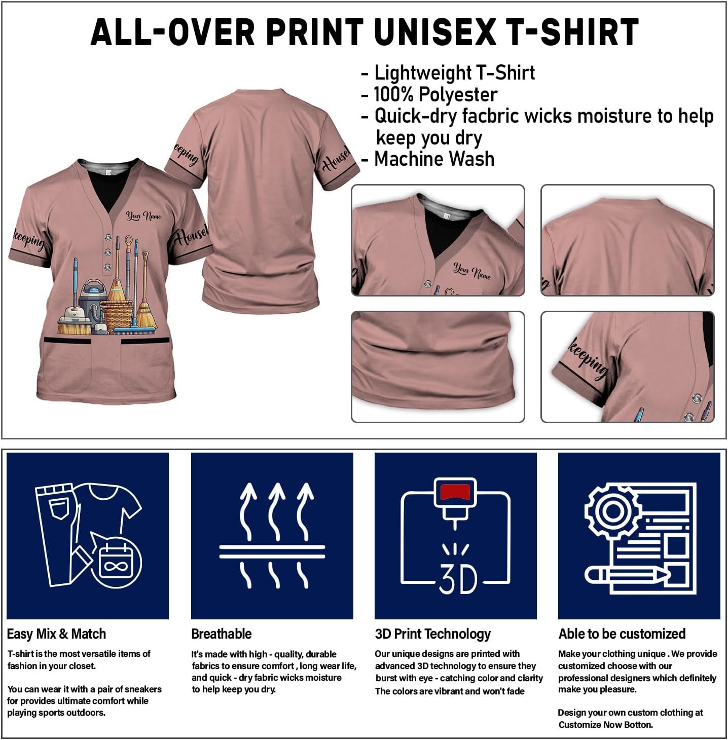 Personalized Housekeeping Shirts, Custom Cleaning Uniforms for Women 3D Cleaning Service Gifts Housekeeper Shirt Clean Lady