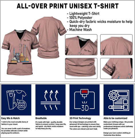 Personalized Housekeeping Shirts, Custom Cleaning Uniforms for Women 3D Cleaning Service Gifts Housekeeper Shirt Clean Lady