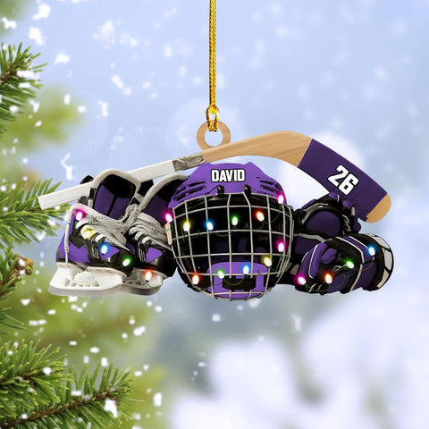 HomeDesign Personalized Hockey Christmas Ornament, Hockey Skates Helmet and Stick, Hockey Player Ornament, Hockey Ornaments, Gift for Hockey Lovers Hockey Ornament Christmas Decor (H8)