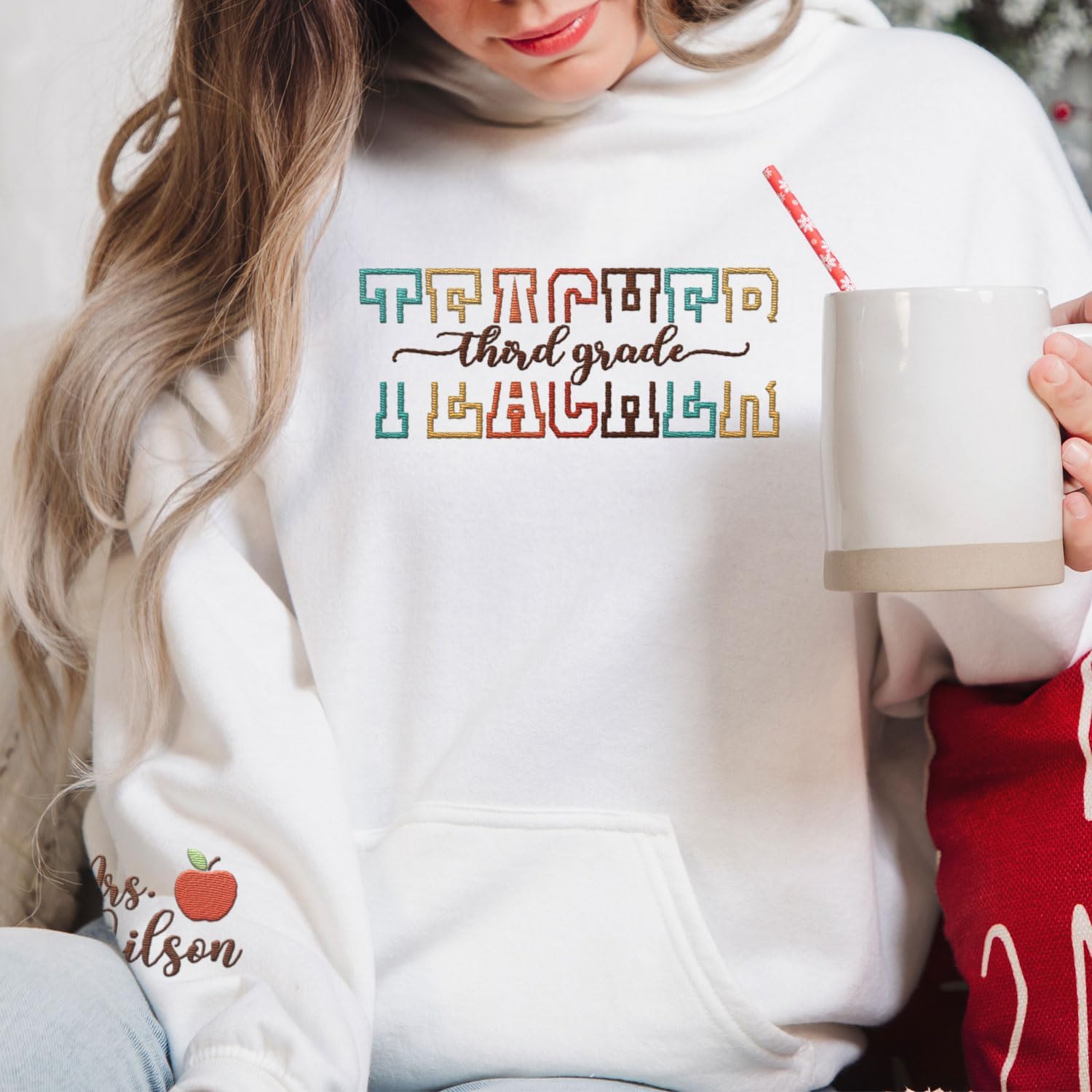 Custom Third Grade Embroidered Teacher T-Shirt Personalized Back to School Tee Teach Love Inspire Rainbow 3rd Grade Shirt