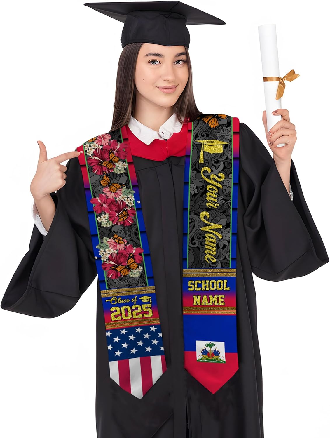 Pretyprints Haitians Graduation Sash, Haiti Graduation Stole Custom, Personalized Haitians American Flag Graduation Sash 2025