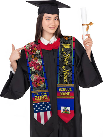 Pretyprints Haitians Graduation Sash, Haiti Graduation Stole Custom, Personalized Haitians American Flag Graduation Sash 2025