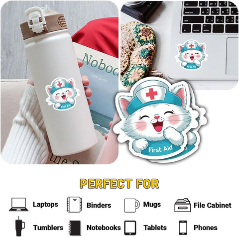 3PCS First Aid Cat 3" Sticker – Cute Medical Cat Humor Vinyl Decal Waterproof for Laptop, Water Bottle, Notebook, Tumbler – Gift for Pet Lovers, Nurses, EMTs